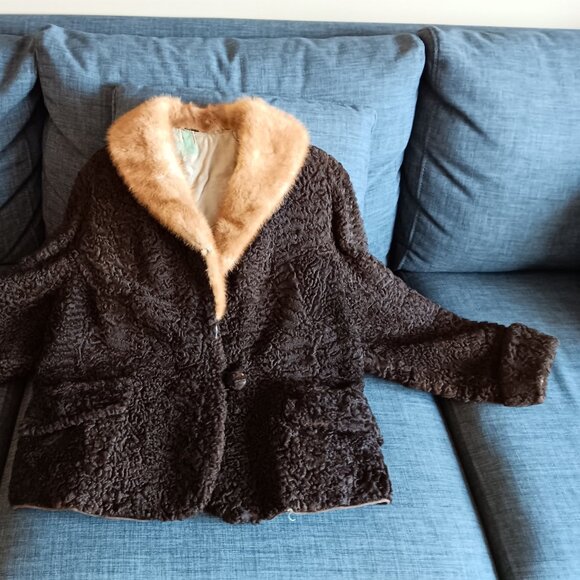 Vintage Dark Brown Persian Lamb Stroller Coat Jacket Fur Collar Faux Pockets 60s - Picture 3 of 16
